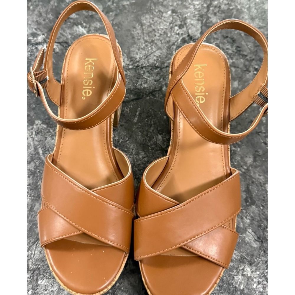 Kensie Womens Carson Strappy Chunky Cork Heel Sandal Cushioned Footbed Brown 8.5